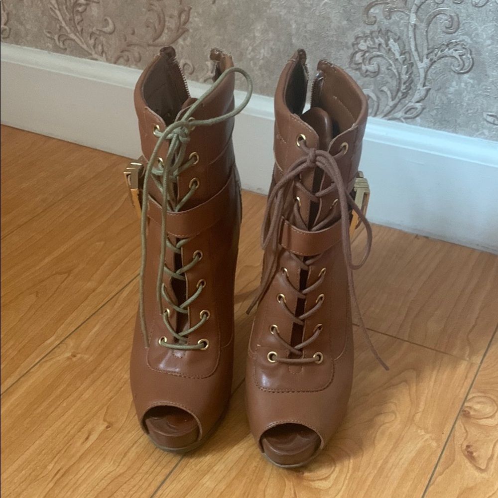 Brown Lace-Up Peep Toe Ankle Boots